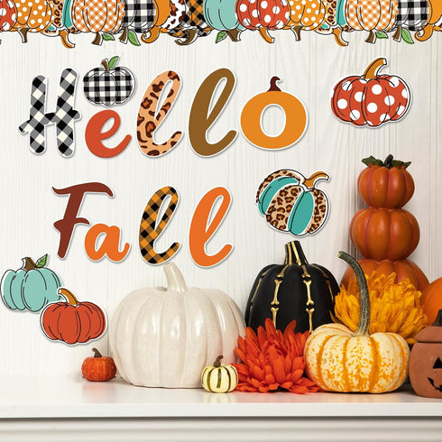 Whaline 83Pcs Hello Fall Bulletin Board Kit Pumpkin Bulletin Board Set Plaid Leopard Pumpkin Decoration Border Cutout with Glue Points for Fall Ha...