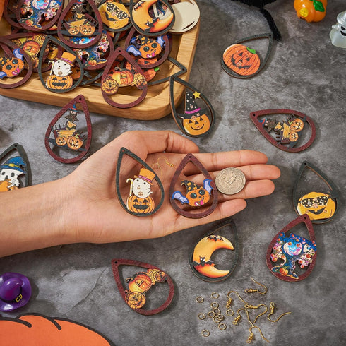 Craftdady 40Pcs Halloween Teardrop Charms Wooden Earring Making Kit Pumpkin Ghost Moon Pendants with Brass Jump Ring & Earring Hooks for Adults Cr...