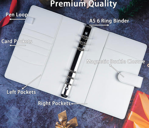 A5 Binder Cover with Magnetic Buckle Closure, 6 Ring A5 PU Leather Binder Personal Notebook for Organizing Planner Refill Pages, Photo Card Binder...