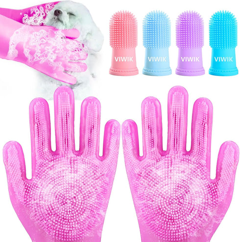 Dog Bath Gloves with 4Pack Dog Toothbrush, Dog Grooming Kit, Dog Finger Toothbrush for Small Breed, Medium Large Dogs, Silicone Dog Washing Gloves...