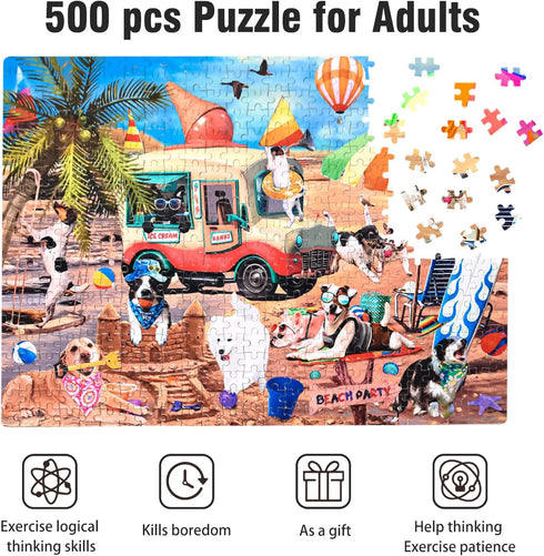 500 Piece Puzzle for Adults, Dog 500 Jigsaw Puzzles Thanksgiving Christmas Puzzles Funny Puppy Beach Party Puzzles...
