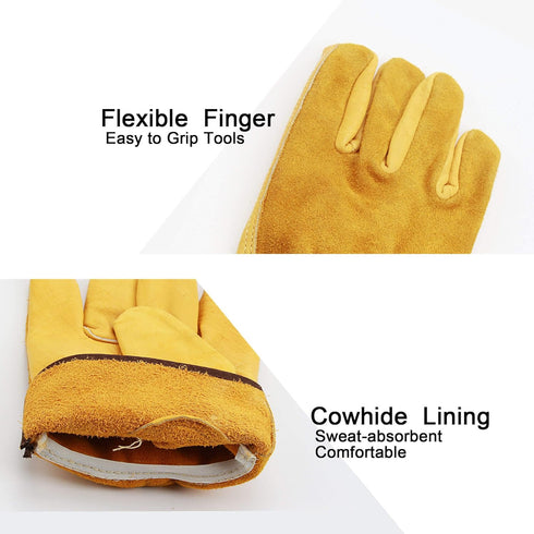 OZERO Leather Work Gloves Flex Grip Tough Cowhide Gardening Glove for Wood Cutting/Construction/Driving/Garden for Men and Women 1 Pair (Gold,Larg...