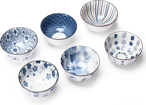 Japanese Rice Bowls Set of 6 - Porcelain Cereal Bowl in Vintage Blue White Design - Stackable Ceramic Dinner Set for Rice, Salad & Soup - Microwav...