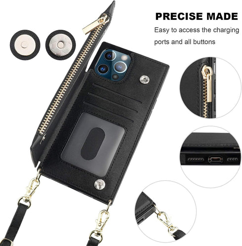 Bocasal Crossbody Wallet Case for iPhone 12 Pro Max with Card Holder,Zipper Card Slot Protector Shockproof Purse Cover with Removable Cross Body S...