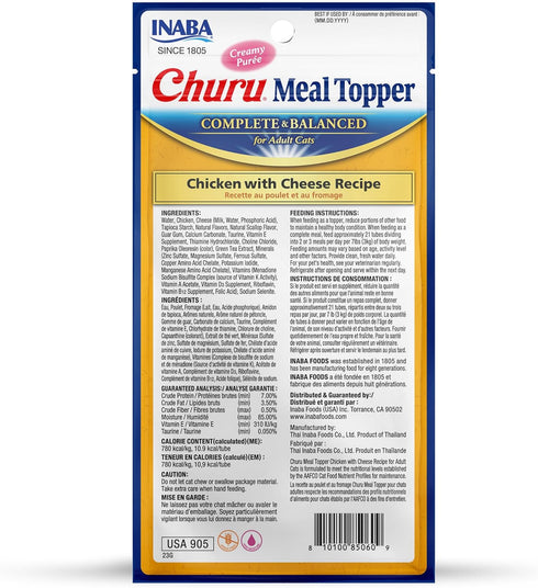 INABA Churu Meal Topper for Cats, Complete & Balanced, Creamy, Lickable Purée Cat Food Topper, 0.5 Ounce Tube, 24 Tubes (4 per Pack), Chicken with...