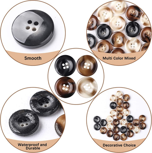 30 PCS Resin Sewing Buttons, 25mm/1 inch Round Bulk Buttons for Sewing, with 4 Matte Pattern Size 4 Holes, for Sewing DIY Crafts, Manual Button Pa...