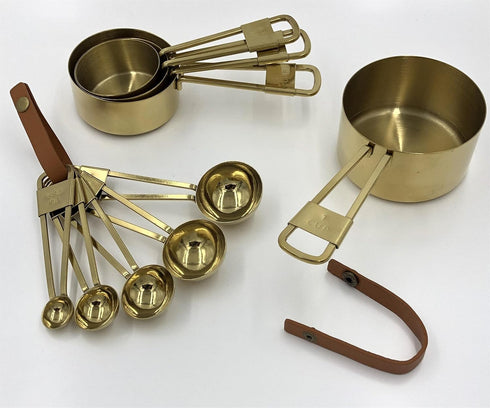 XINLI Measuring cups and spoons set, stainless steel with durable copper plating, plus brown leather buckle...