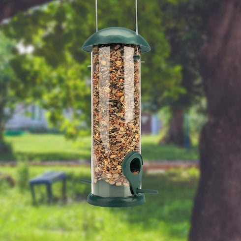 8 inch Green Seed Bird Feeder - 2 Perches, Bird Feeding Station, Seed Dispenser, Seed Silo for Wild Birds...
