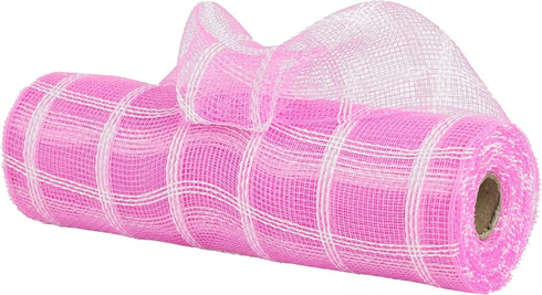 MEEDEE Pink and White Plaid Deco Mesh 10 Inch Pink White Check Mesh Ribbon Fabric Mesh Roll Decorative Mesh Wreath Supplies for Baby Shower It's A...
