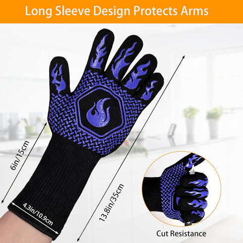 BBQ Fireproof Gloves, Grill Cut-Resistant Gloves 1472°F Heat Resistant Gloves, Non-Slip Silicone Oven Gloves, Kitchen Safe Cooking Gloves for Oven...
