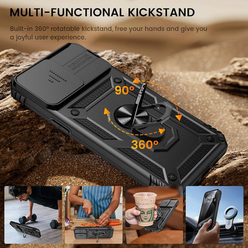 Goton for iPhone 15 Pro Max Case with Screen Protector - Slide Camera Cover Protective Phone Case with Ring Stand, Heavy Duty Shockproof Rugged Bu...