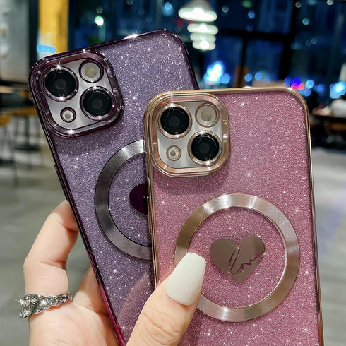 Compatible with iPhone 15 Plus 6.7 Inch Case with Magsafe, Plating Heart Glitter Magnetic Case for Women Girl TPU Camera Protection Back Cover for...