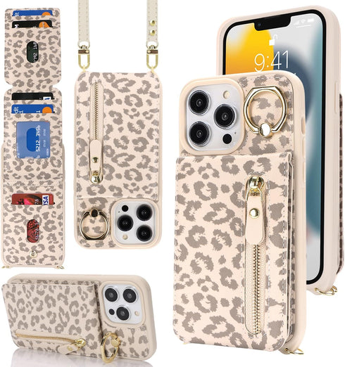 iPhone 13 pro max Case with Card Holder for Women, iPhone 13 pro max Phone Case Wallet with Strap Credit Card Slots Crossbody with Kickstand Zippe...