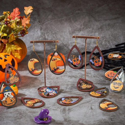 Craftdady 40Pcs Halloween Teardrop Charms Wooden Earring Making Kit Pumpkin Ghost Moon Pendants with Brass Jump Ring & Earring Hooks for Adults Cr...