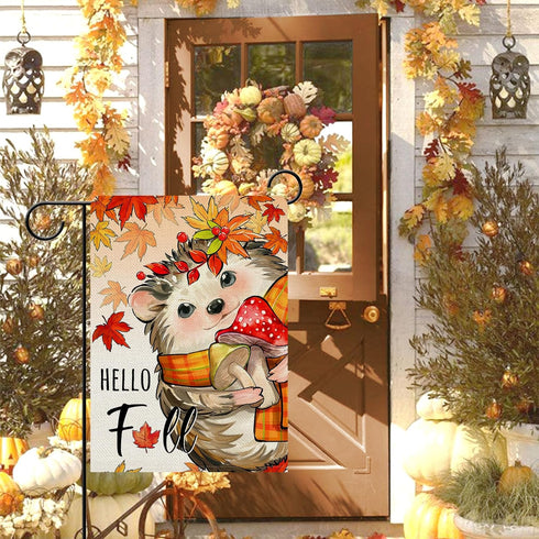 Hello Fall Hedgehog Decorative Garden Flag, Autumn Maple Leaves Mushroom Yard Outside Home Decorations, Seasonal Burlap Outdoor Small Decor Double...