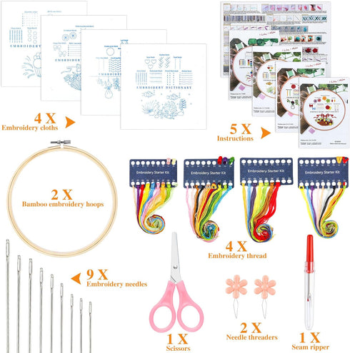Pengxiaomei Embroidery Kit for Beginners, 4 Set Christmas Patterns, Adjustable Embroidery Hoop, Includes Threads, Needles, Scissors, for Adults......