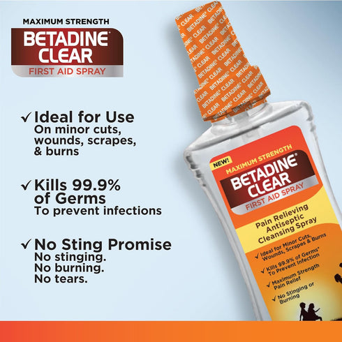BETADINE Clear First Aid Spray, Max Strength Pain Relieving Antiseptic Cleansing Spray, No Stinging, Kills 99.9% of Germs*, Helps Prevent Infectio...