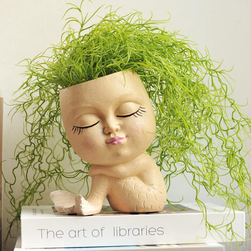 Face Planter Head Planters for Indoor Plants Succulent Cute Mermaid Resin Face Pot with Drainage Hole...