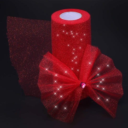Glitter Tulle Roll Sparkling Tulle Ribbon Fabric Spool for Wedding Decoration Gift Wrapping, 6 Inch by 25 Yards (Red)...