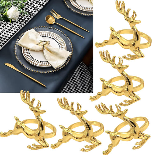 Napkin Rings Holders Set of 6 Fall Wedding Holiday Christmas Metal Dinner Parties Home Table Decoration (Gold Deerlet, 6)...