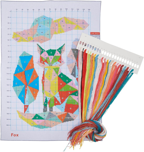 Bright Creations Pack of 2, Fox and Cat Stamped Counted Cross Stitch, Embroidery Beginner Kit with 11 CT Cloth, Needles, Thread...