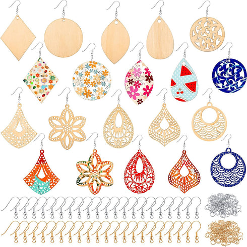 296 Pieces Unfinished Wooden Dangle Earring Set 48 Blank Wooden Pendants Teardrop Earrings with 48 Hooks 200 Jump Rings for DIY Jewelry 10 Styles ...