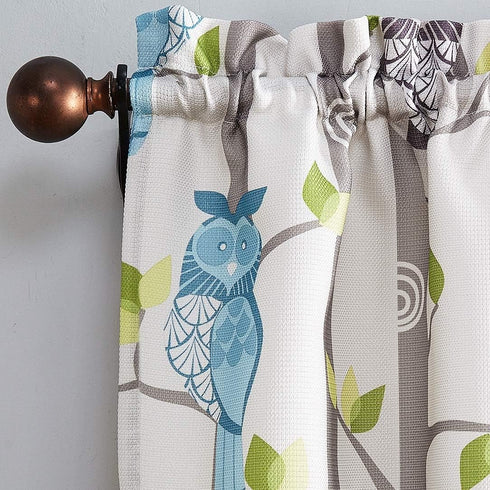 No. 918 Hoot Owl Print Semi-Sheer Rod Pocket Kitchen Curtain Tier Pair, 56" x 36", Mocha...