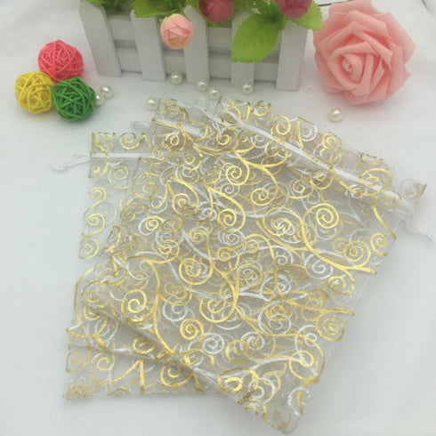 100pcs Sheer Organza Favor Bags For Wedding Baby Shower Rattan Print Gift Bags Samples Display Drawstring Pouches (3x4 inch, white)...