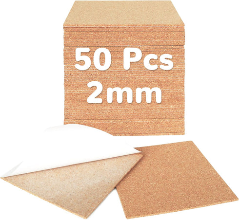 50 Pcs 2mm Self-Adhesive Cork Sheets for DIY Coasters, 4 Inch Thick Square Backing Cork Tiles Mat with Strong Adhesive-Backed for DIY Crafts Adhes...