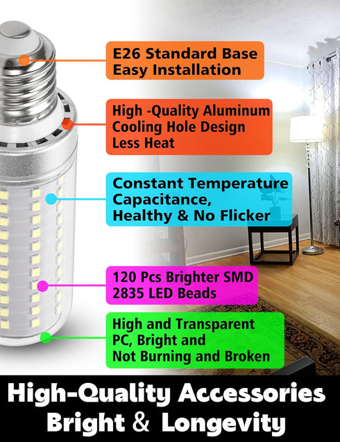 E26/E27 LED Bulb, 150w Equivalent 2000 Lumen 6000K Daylight White 15W Ceiling Fan LED Light Bulb for Home Garage Warehouse Indoor Outdoor Led Corn...
