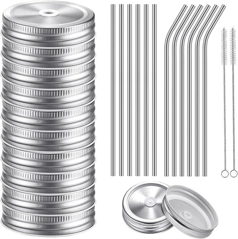 26 PCS Regular Mouth Mason Jar Lids With Straw Hole - 70MM Canning Caps for Drinking and Food Storage, Silver Tinplate With Silicone Ring, Straws,...