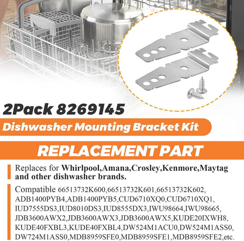 2 Pack 8269145 Undercounter Dishwasher Mounting Bracket with Screws by Beaquicy - Compatible Whirl-pool Ken-more Kitchen-Aid Dishwasher - Replace 8269145 WP8269145 WP8269145VP