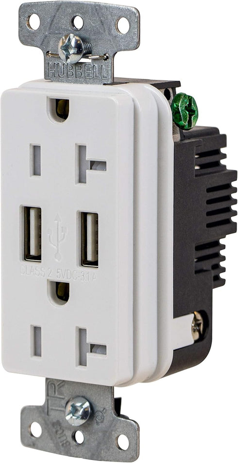 Bryant Electric USBB20AW 3.1 Amp Type A USB Charger Outlet, 20A 125V, Tamper Resistant Duplex Receptacle, White...