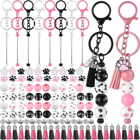 Landical 12 Sets Metal Beadable Keychain Bars with Wood Dog Paw Bone Beads Wooden Beads Bulk Pets Footprint Charm Animal Beads Keychain Kit for Ki...