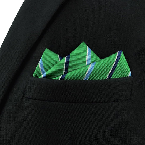 S&W SHLAX&WING Striped Pocket Squares for Men Kelly Green with Blue Stripes Gift...