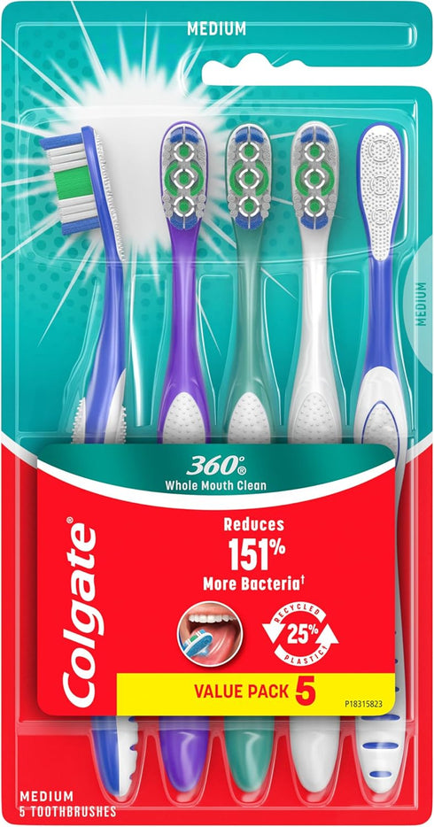 Colgate 360 Whole Mouth Clean Toothbrush, Adult Medium Toothbrushes, 5 Pack...