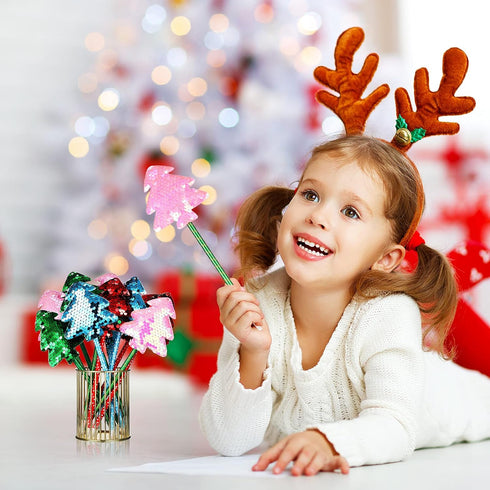 20 Pieces Christmas Tree Ballpoint Pens Bulk Glitter Sequin Xmas Slim Pens Santa Novelty Rollerball Pens 0.5 mm Black Gel Ink Pen for Christmas Ho...