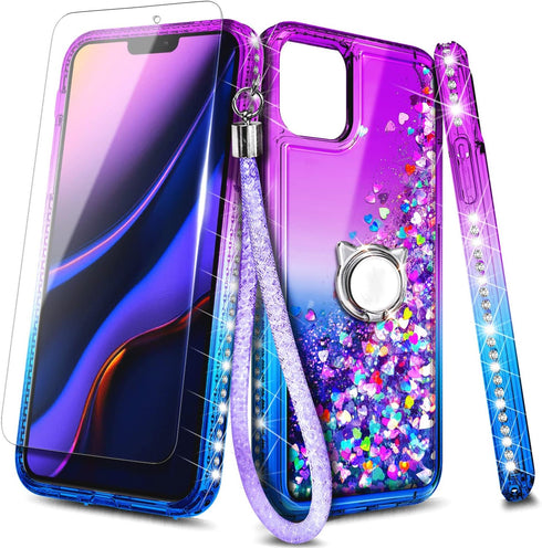 NGB Supremacy Compatible with iPhone 12/12 Pro Case with Tempered Glass Screen Protector, Ring Holder/Wrist Strap, Girls Women Liquid Bling Sparkl...
