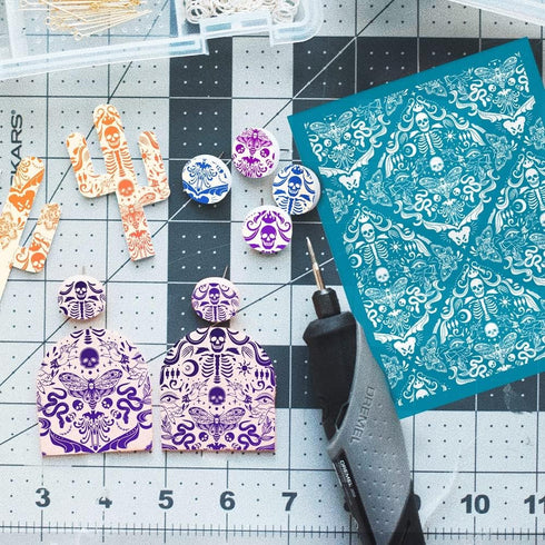 OLYCRAFT 4x5 Inch Skull Brocade Clay Stencils Skull Non-Adhesive Silk Screen Stencil Vintage Pattern Clay Silk Screen Reusable Mesh Transfer for P...