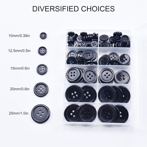 100 Pcs Premium Mixed Resin Sewing Buttons, 5 Sizes of Black Buttons Suitable for Sewing, Eco-Friendly 4-Hole Craft Buttons, DIY and Holiday Decor...
