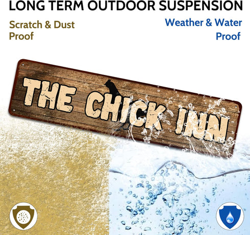 Rustic Metal "The Chick Inn" Tin Sign Art Wall Decor Funny Outdoor Garden Farm Signs, Chicken Gifts Coops Farmhouse Decor Hen House 4" by 16"...