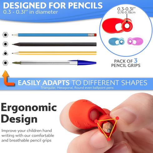 Stylo Pack of 3 Pencil Grips for Kids Handwriting Perfect Pencil Holders for Kids Home Schooling and Preschool Writing Tools for Kids Assorted Pen...