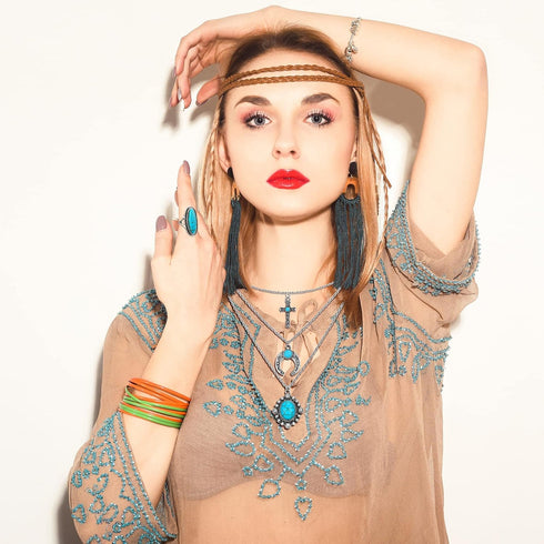 22 Pcs Western Choker Necklaces Rings Sets for Women, Western Bead Choker Silver Boho Turquoise Drop Pendant Necklaces Turquoise Rings Bohemian Hi...