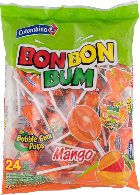 Colombina Bon Bon Bum Lollipops w/Bubble Gum Center, Mango Flavor, Individually Wrapped, Ideal for Party Favors and Gifts, 1 Pack (24 Count)...