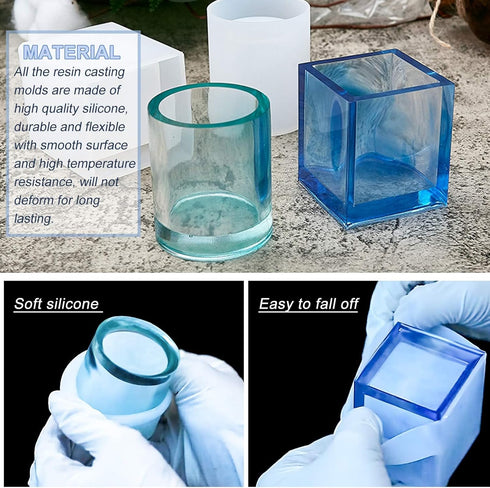 3 Pcs Cup Resin Silicone Mold, Kalolary Makeup Brush Holder Organizer Cylinder Craft Epoxy Mold, DIY Flower Planter Pot Molds, Cup Mold, Pen Holde...