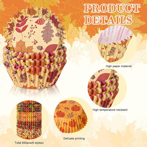 Whaline 600Pcs Fall Thanksgiving Cupcake Liners Maple Leaf Pumpkin Acorn Baking Cups Autumn Muffin Baking Liners for Birthday Party Fall Themed Pa...