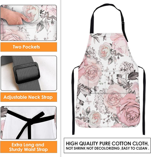 Britimes Apron Home Kitchen Cooking Baking Gardening for Women Men with Pockets Pink Flowers Leaves Watercolor Floral 32x28 inch...
