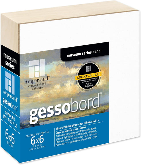 Ampersand Art Supply Gesso Wood Painting Panel: Museum Series Gessobord, 6" x 6", 1-1/2" Cradled Profile...