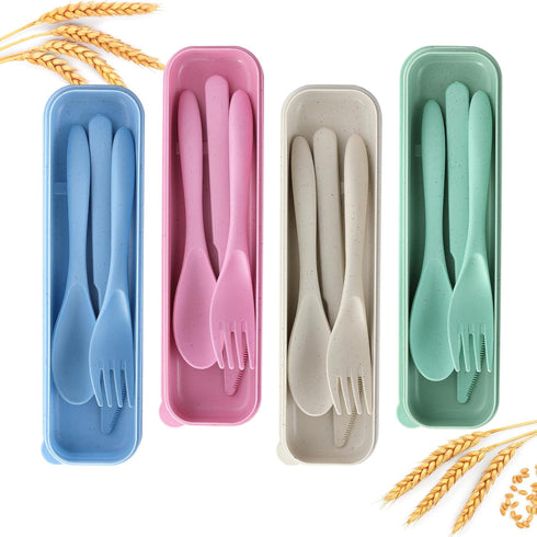 Reusable Travel Utensils Set with Case, 4 Pack Reusable Wheat Straw Portable Utensils Set with Case, Travel Utensils for Lunch, Camping, Picnic, T...