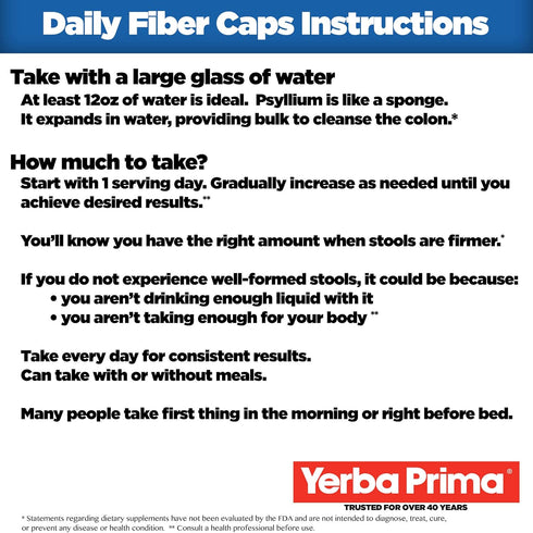Yerba Prima Daily Fiber Formula - 180 caps (Pack of 2) - Soluble & Insoluble Dietary Fiber Supplement - Colon Cleanse - Gut Health - Vegan, Non-GM...